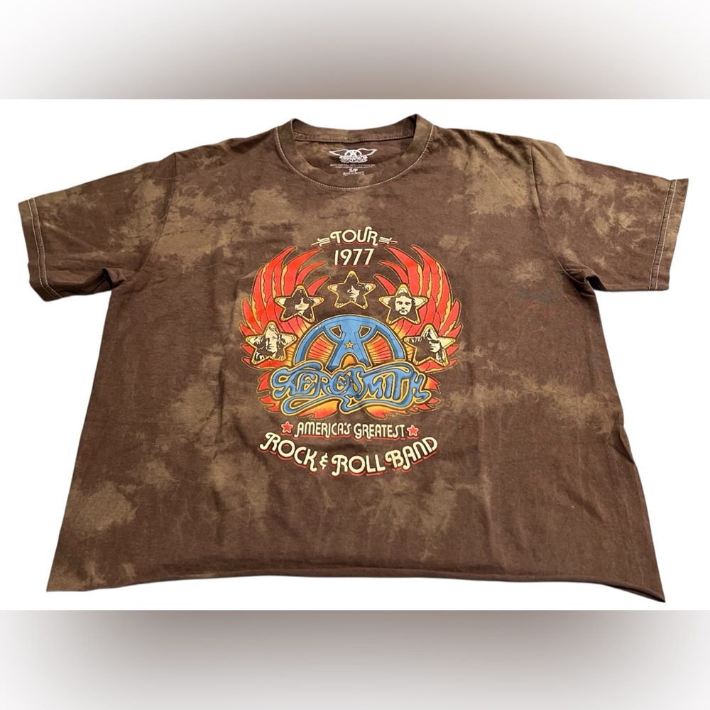 Aerosmith Rock & Roll Band Tour 77 Crop Tshirt Tee Women Small Brown Tie Dye